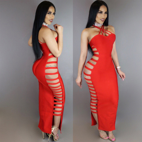 Κομψο μακρύ φόρεμα γυναικείο με κομμένα στοιχεία σε μαύρο και κόκκινο χρώμα