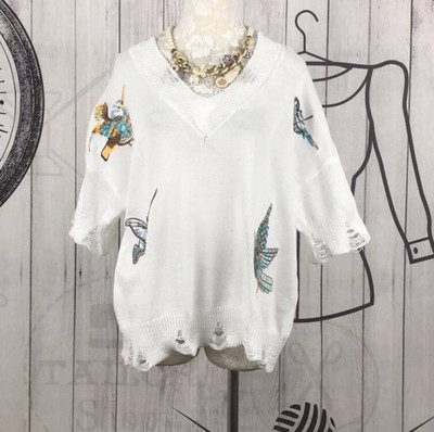 Καθημερινό και κομψό γυναικείο πουλόβερ με ντεκολτέ σε σχήμα V και κεντημένα πουλιά