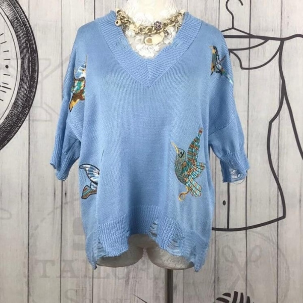 Καθημερινό και κομψό  γυναικείο πουλόβερ με ντεκολτέ σε σχήμα V και κεντημένα  πουλιά