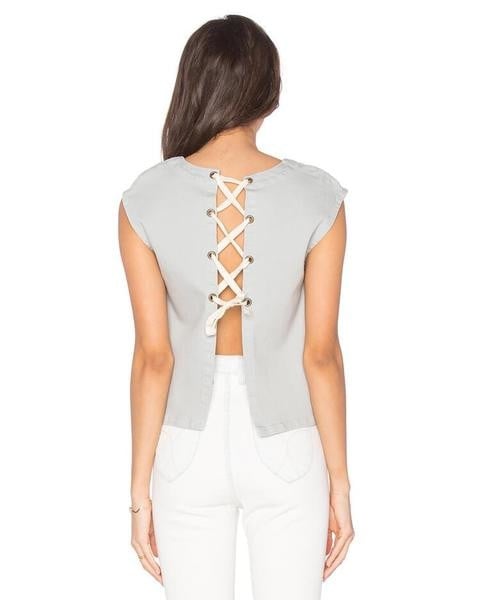 Απλό γυναικείο αμάνικο  με γυμνή πλάτη και κορδόνια σε γκρι χρώμα