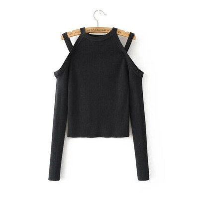 Γυναικεία κοντή μπλούζα O-κολάρο και μακριά μανίκια