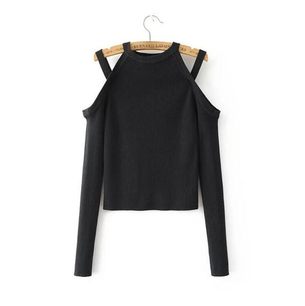 Γυναικεία κοντή μπλούζα  O-κολάρο και μακριά μανίκια