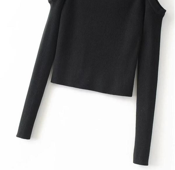 Γυναικεία κοντή μπλούζα  O-κολάρο και μακριά μανίκια