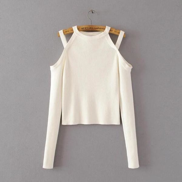 Γυναικεία κοντή μπλούζα  O-κολάρο και μακριά μανίκια