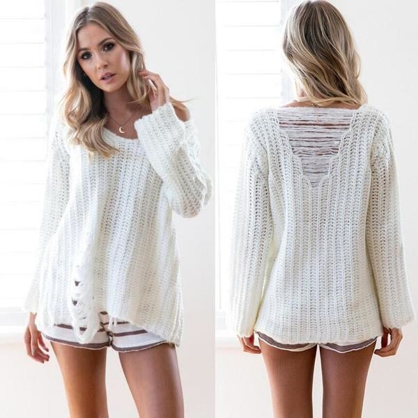 Γυναικείο πουλόβερ με μακριά μανίκια και ενδιαφέρουσα σπασμένη πλάτη
