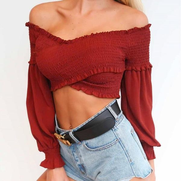 Γυναικεία κοντή μπλούζα με έναν ώμο και V-λαιμός