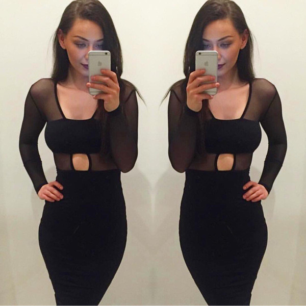 Κομψό μαύρο γυναικείο φόρεμα  με μακρύ μανίκι