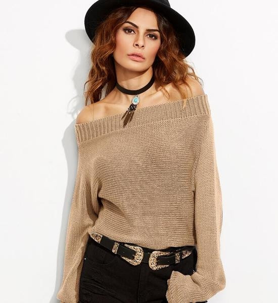 Ежедневен дамски пуловер с паднало рамо и дълъг широк ръкав