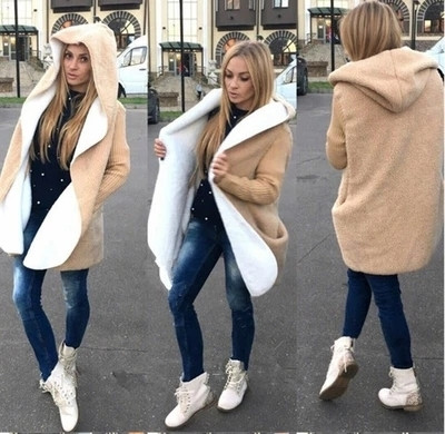 Ζεστή και μακρύ γυναικεία ζακέτα με κουκούλα και πλεκτά μανίκια  σε δύο χρώματα