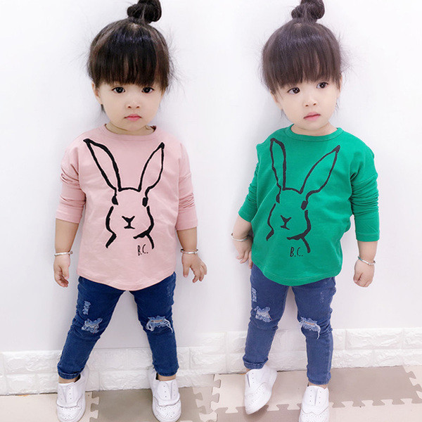 Ευρεία παιδική μπλούζα για κορίτσια σε ροζ και πράσινο με μια εικόνα