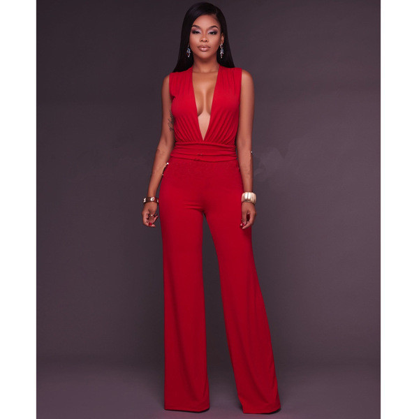 Γυναικείο ολόσωμο με βαθύ λαιμόκοψη και πολύ πρόσφατα παντελόνια με φαρδιά πόδια