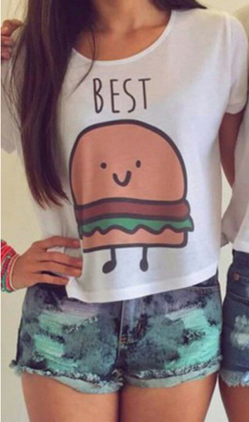 Γυναικεία κοντή μπλούζα με κοντό μανίκι και ενδιαφέρουσα εκτύπωση - 2 σχέδια