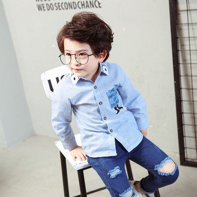 Детска риза за момчета в два цвята на райе с надпис