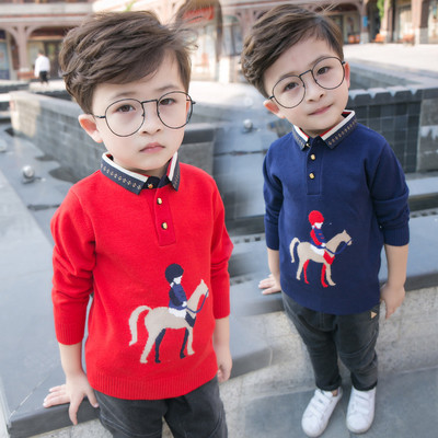 Детски пуловер за момчета в червен и син цвят с изображение