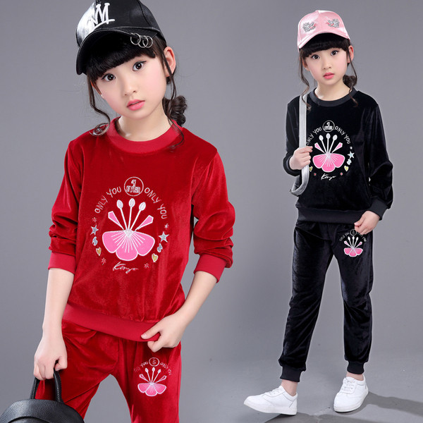 Παιδική φόρμα για κορίτσια από βελούδο με εκτύπωση, σε τρία χρώματα