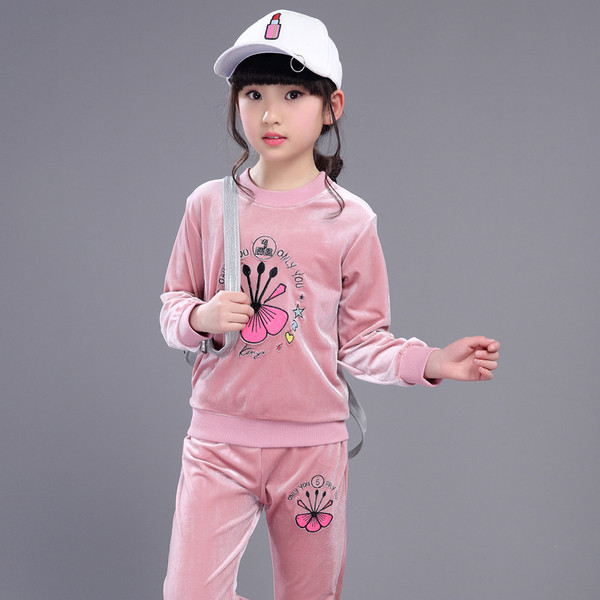 Παιδική φόρμα για κορίτσια από βελούδο με εκτύπωση, σε τρία χρώματα