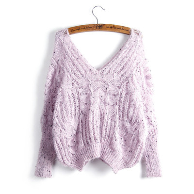 Ευρύ πλεκτό γυναικείο πουλόβερ με βαθύ λαιμό V σε τέσσερα χρώματα