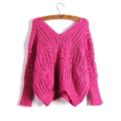 Ευρύ πλεκτό γυναικείο πουλόβερ με βαθύ λαιμό V σε τέσσερα χρώματα