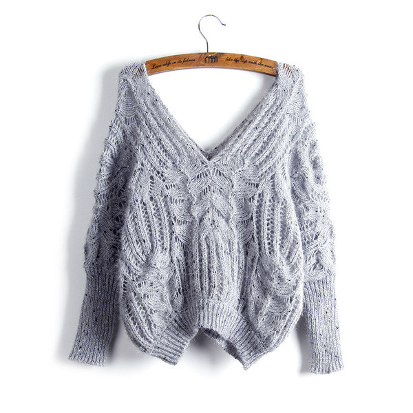 Ευρύ πλεκτό γυναικείο πουλόβερ με βαθύ λαιμό V σε τέσσερα χρώματα