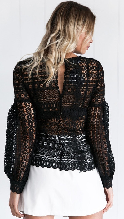 Κομψή γυναικεία μπλούζα με δαντέλα διαφανή, σε λευκό, ροζ και μαύρο χρώμα