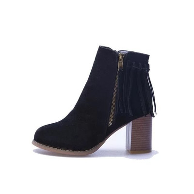 Велурени дамски боти с висящи реснички и цип + висок дебел ток , 4 цвята