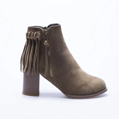 Велурени дамски боти с висящи реснички и цип + висок дебел ток , 4 цвята