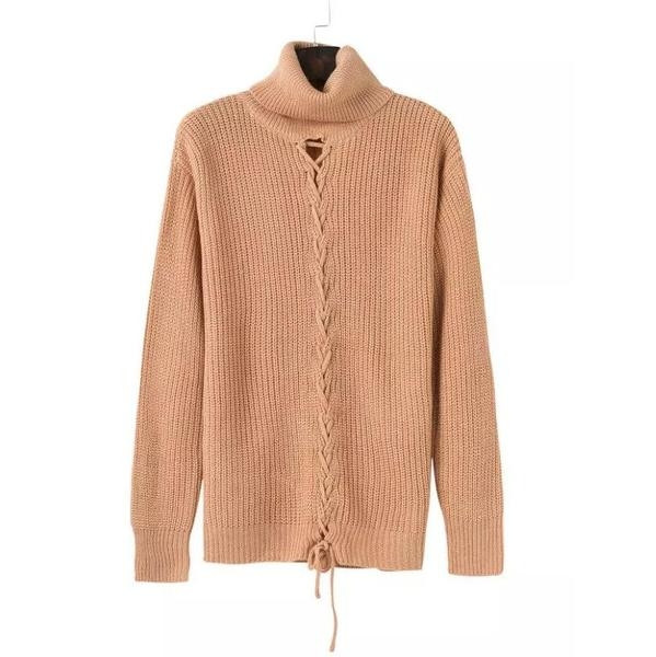 Γυναικείο casual και μαλακό πουλόβερ με μισό γιακά και ενδιαφέρουσες κομψές διασταυρώσεις σε όλο το μήκος της πλάτης