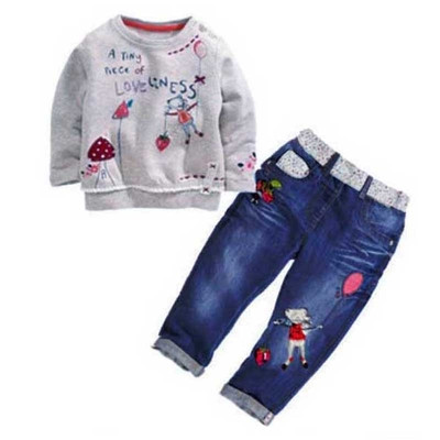 Παιδικό σετ για κορίτσια - μπλούζα, γκρι + τζιν με εφαρμογή