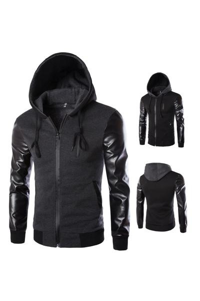 Стилен мъжки суичър с качулка и кожени ръкави
