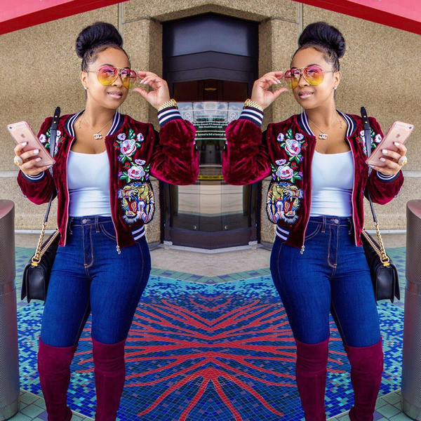 Актуално бейзболно яке за дамите от кадифе с бродерия