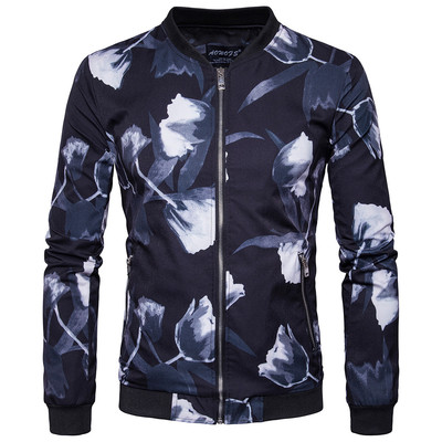 Κομψό ανδρικό  φθινοπωρινό μπουφάν  με floral διακόσμηση σε σκούρο χρώμα