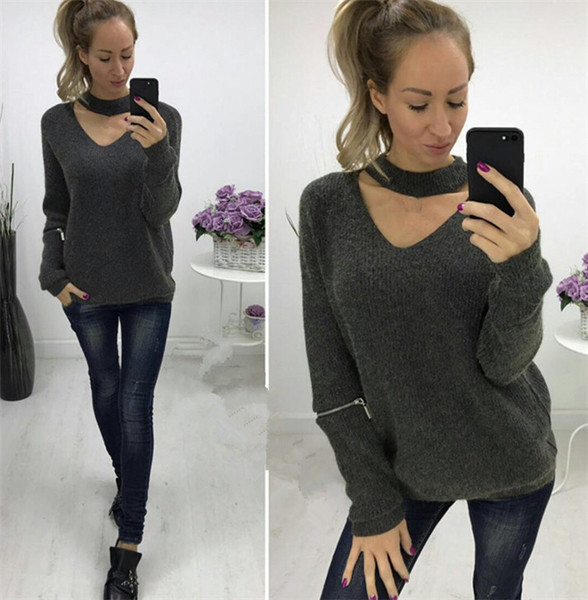 Дамски ежедневен пуловер с декоративни ципове по ръкавите и О-образна яка