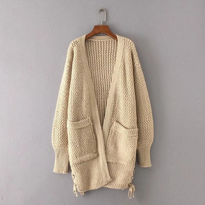 Μοντέρνα γυναικεία μακρύ ζακέτα ενδιαφέρουσες σταυροί δεσμοί και βαθιές τσέπες