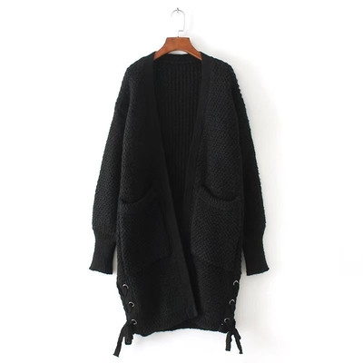 Μοντέρνα γυναικεία μακρύ ζακέτα ενδιαφέρουσες σταυροί δεσμοί και βαθιές τσέπες