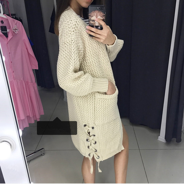 Μοντέρνα γυναικεία  μακρύ ζακέτα  ενδιαφέρουσες σταυροί δεσμοί και βαθιές τσέπες