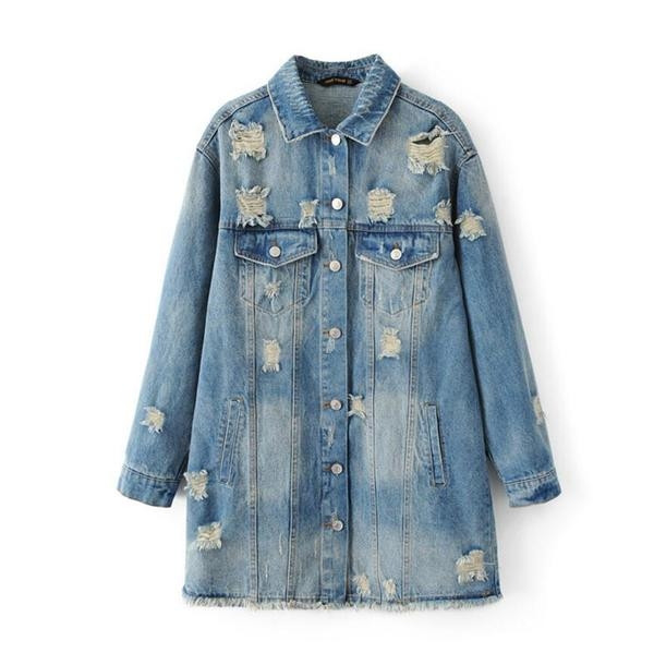 Много актуално и стилно дълго дамско дънково яке с шарени десени и разпокъсани мотиви