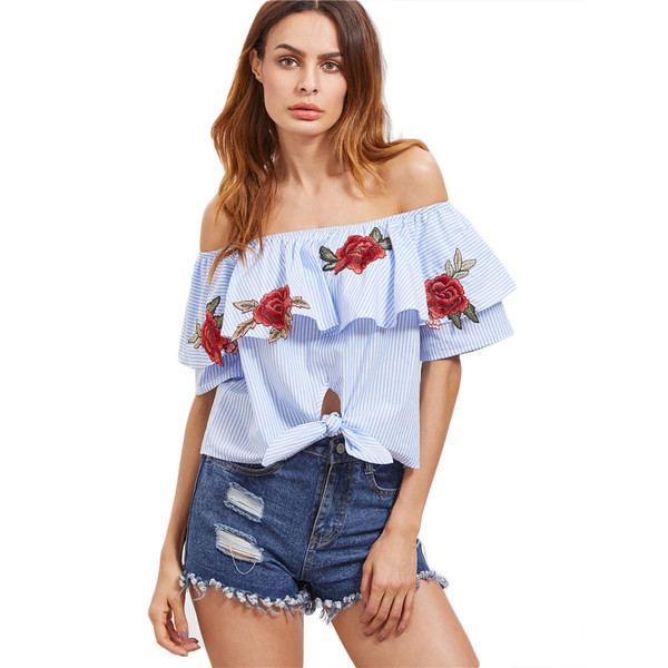 Γυναικείο πουκάμισο με floral κεντήματα και πεσμένους ώμους