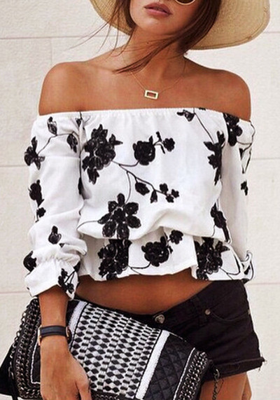 Γυναικείο πουκάμισο με πτώση ώμων και floral διακόσμηση