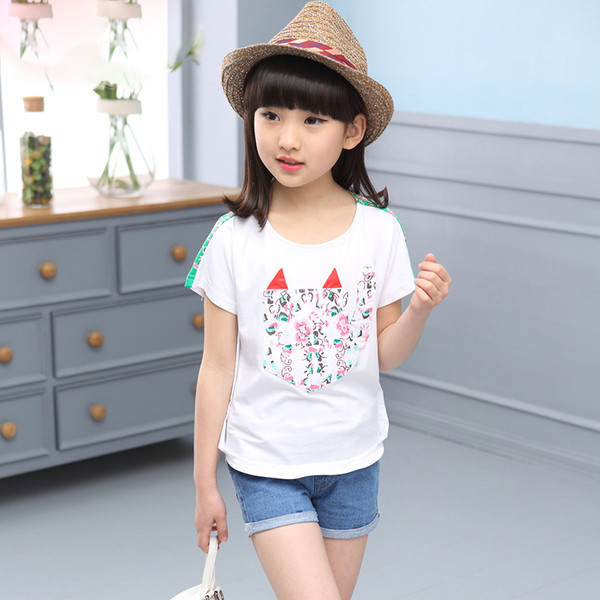 Сладка ежедневна тениска с изображение за момичета в широк модел