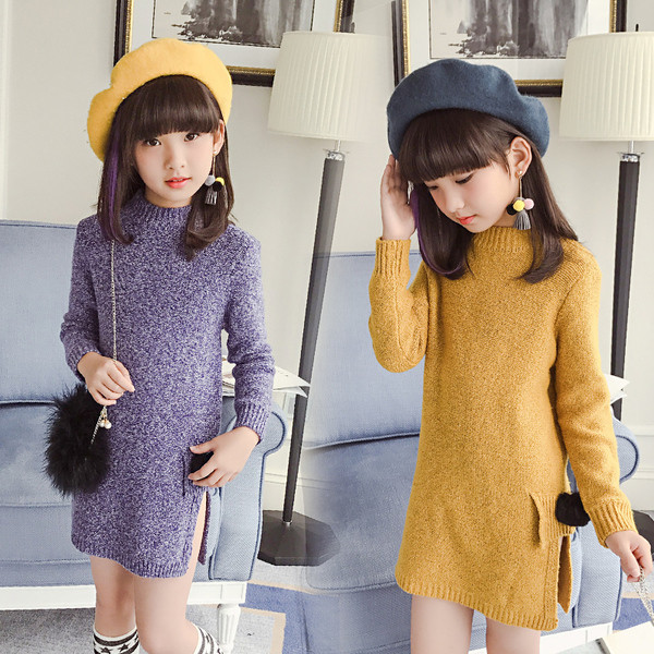 Стилен детски пуловер за момичета - дълъг с изрязан мотив и поло яка, в два цвята