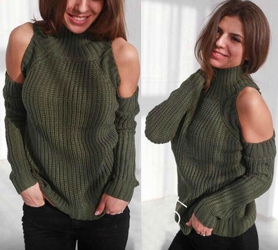 Интересен дамски ежедневен пуловер с полувисока яка и голо рамо - 6 цвята