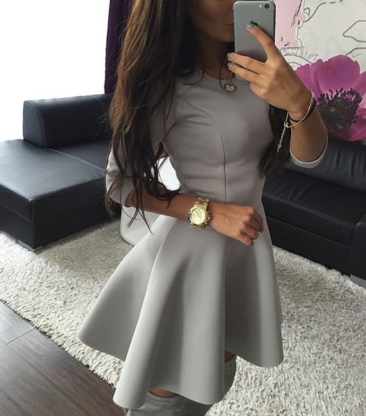 Καθημερινό γυναικείο  φόρεμα με ενδιαφέρουσα φούστα και κοντά μανίκια 3/4, 3 χρώματα