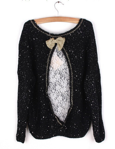 Υπέροχο γυανικείο πουλόβερ με πολύ ενδιαφέρουσα κορδέλα στο πίσω μέρος της πλάτης - 4 μοντέλα