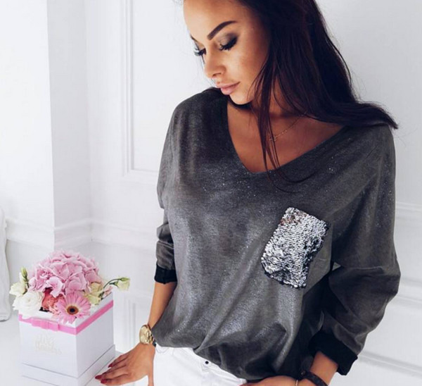 Γυναικείες μπλούζες με κολάρο σε σχήμα V και λαμπερές πούλιες, 3 χρώματα