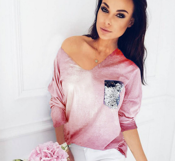 Γυναικείες μπλούζες με κολάρο σε σχήμα V και λαμπερές πούλιες, 3 χρώματα