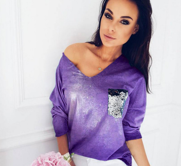 Γυναικείες μπλούζες με κολάρο σε σχήμα V και λαμπερές πούλιες, 3 χρώματα