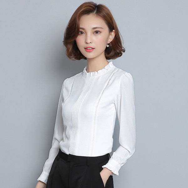 Елегантна дамска риза с О-образна ниска яка и дълъг ръкав