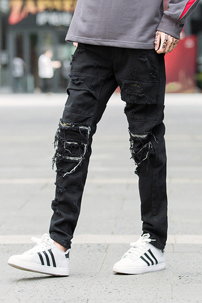 Σπορ-κομψά αντρικά παντελόνια με στρογγυλό μοτίβο γόνατος σε μαύρο χρώμα