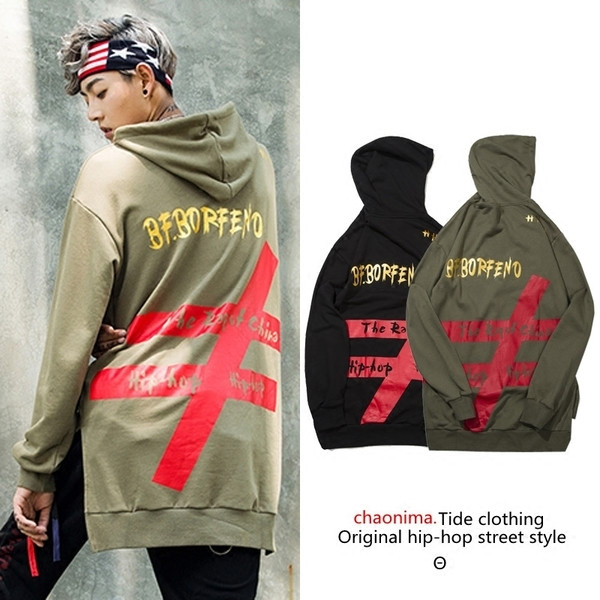 Κομψό και μακρύ αανδρικό φούτερ σε δύο χρώματα με επιγραφή και εφαρμογή στην πλάτη