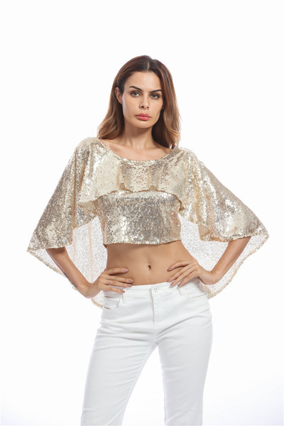 Γυαλιστερή κοντή γυναικεία μπλούζα με φαρδιά μανίκια σε δύο χρώματα